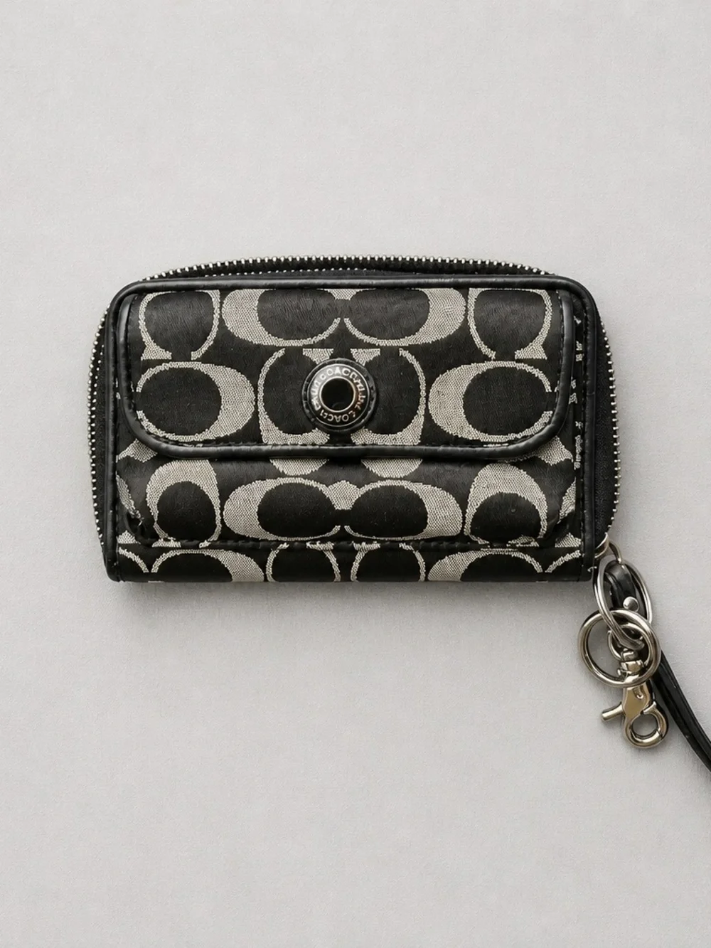 Coach Black and Silver Signature Jacquard Wristlet with Key Ring